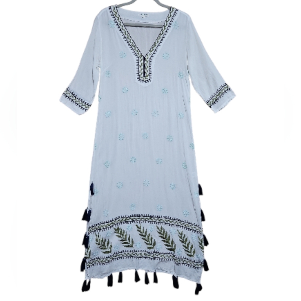 Roller Rabbit Roberta Long Sleeve White Patterned Dress 100% Cotton Sz M Womens